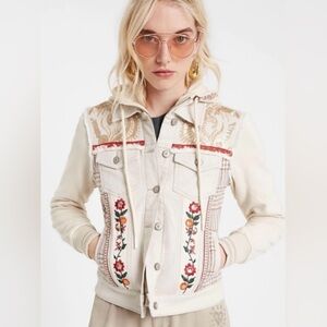 Desigual Erica Jacket Embroidered Hooded Denim Boho Floral Sequin EU 34 Size S
